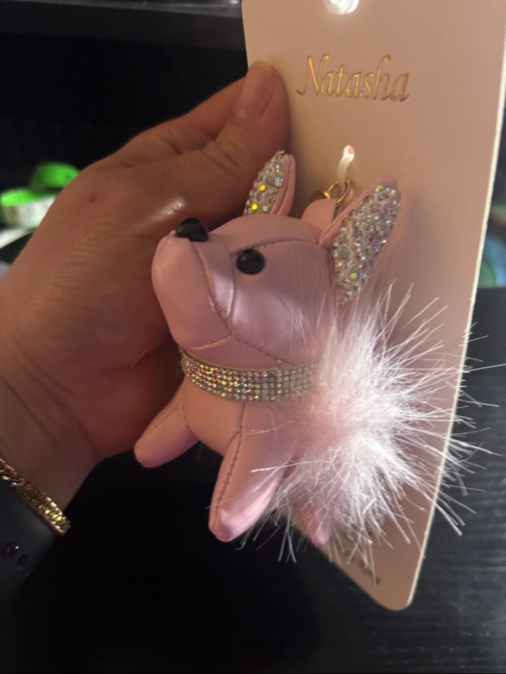 Natasha Couture Pink Faux-Leather Crystal Puppy Keychain with Feather Tail